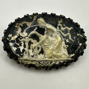Antique Art Deco brass cut glass reverse foiled intaglio woman cameo brooch pin